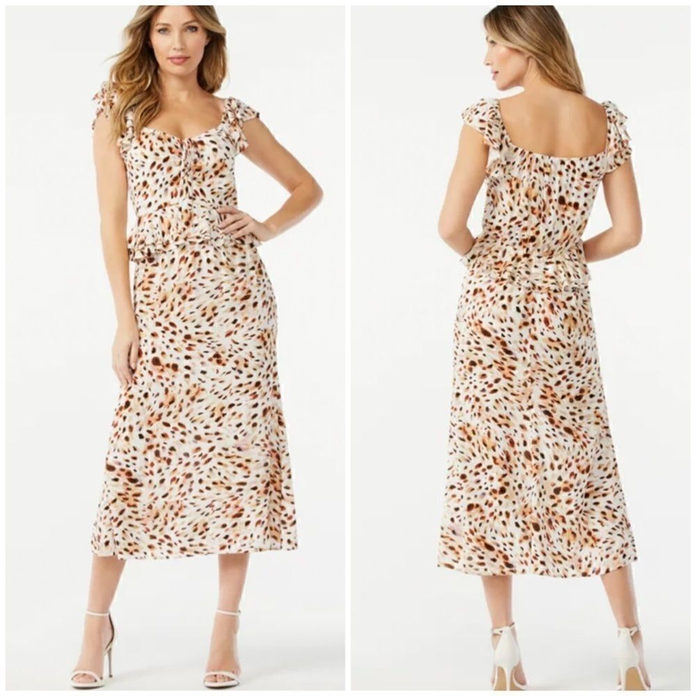 Sofia Vergara White Animal Print Ruffle Sweetheart Midi Dress